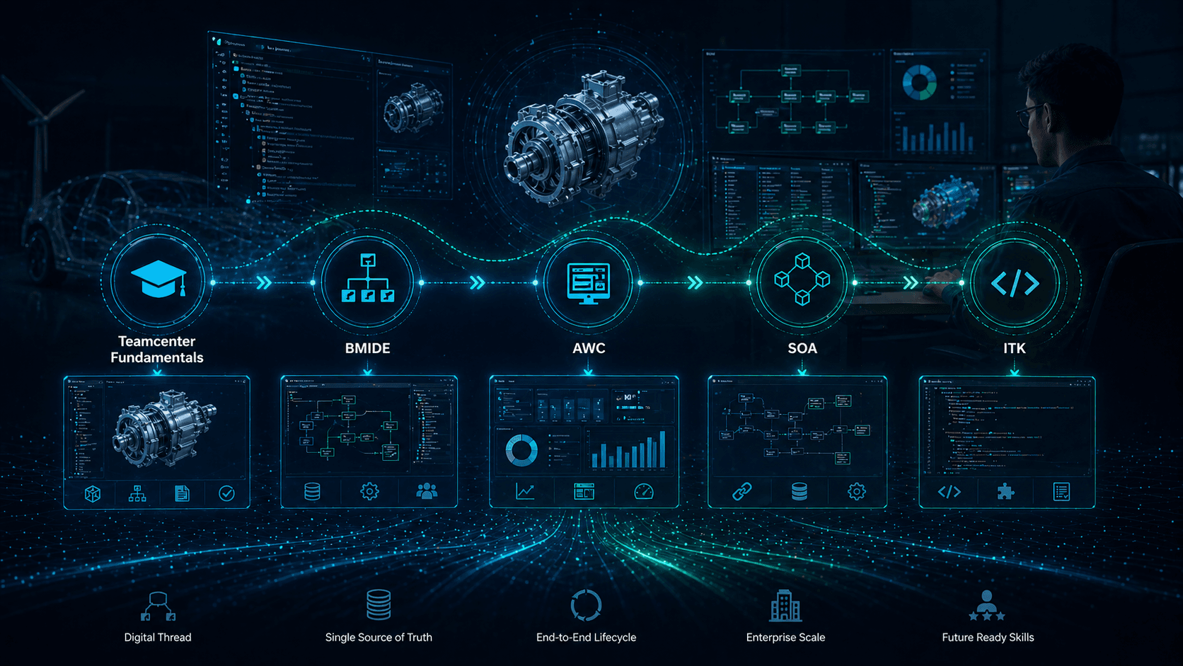 Teamcenter course path from fundamentals through BMIDE, ITK, AWC, and SOA