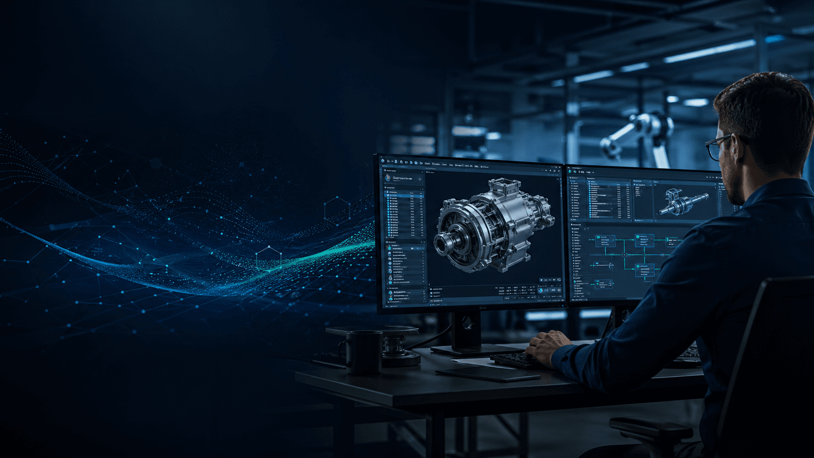 Engineer working with a digital product model in a PLM environment